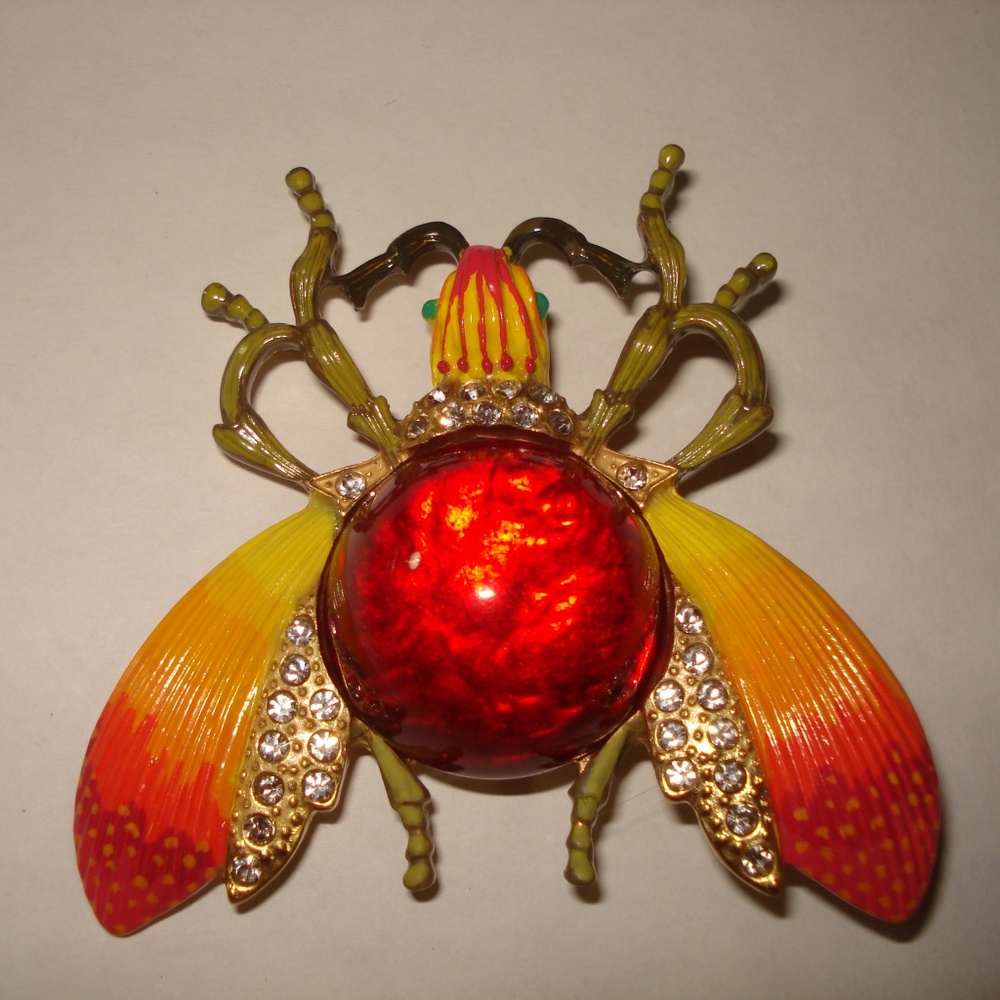 Large Gold Tone Enamel Rhinestone Red Glass Jelly Belly Bee Brooch Pin KOVONCHY